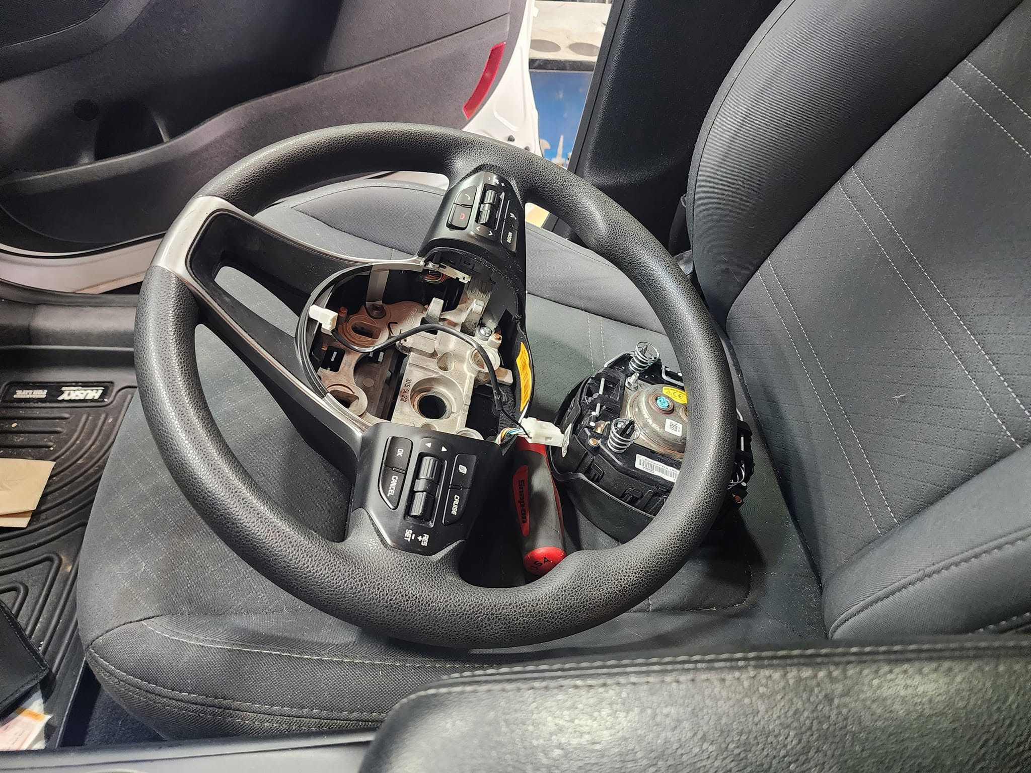 Steering column and airbag module removed for repair at Cloot's Auto Body — Westfield, MA